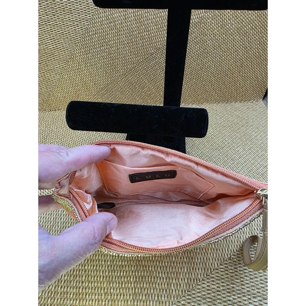 LULU Floral Sequin Clutch Wristlet With Peach Satin Lining & Zipper‎ Closure